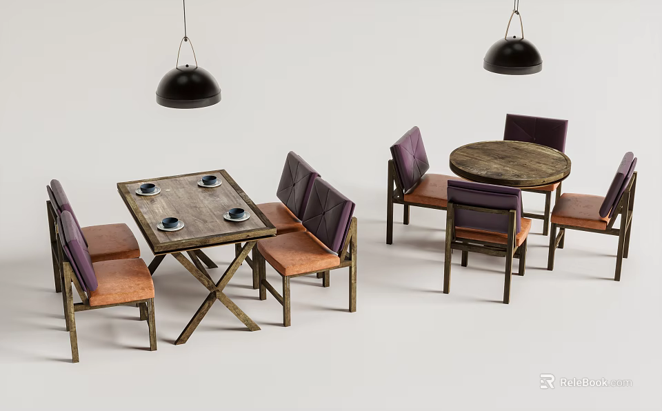 Dining Table Set With Rectangular Round Tables Purple Backrest Brown Chairs And Black Pendant Lights 3d model
