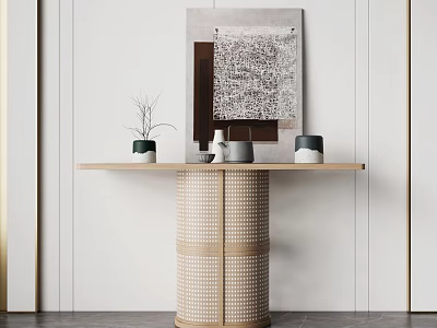 Stylish Console Table With Woven Base Wooden Top And Decorative Items Near Wall Art 3d model