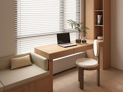 Bay Window Workspace With Wooden Desk Sofa Seat Laptop Potted Plant And Bookshelf 3d model