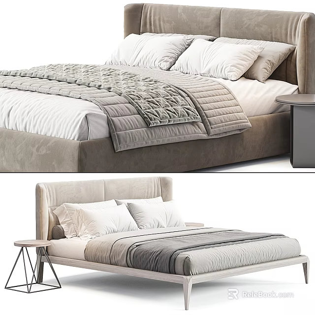 Modern Upholstered Double Bed With Neutral Bedding And Bedside Table 3d model 