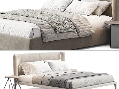Modern Upholstered Double Bed With Neutral Bedding And Bedside Table 3d model