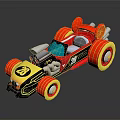 Cartoon Style Toy Race Car With Red Yellow Black Body Large Wheels And Decorative Details