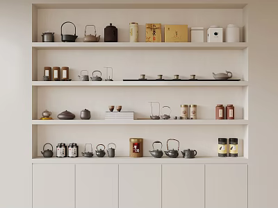 Elegant Tea Sets Displayed on White Open Shelves with Modern Minimalist Design 3d model