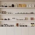 Elegant Tea Sets Displayed on White Open Shelves with Modern Minimalist Design 3d model