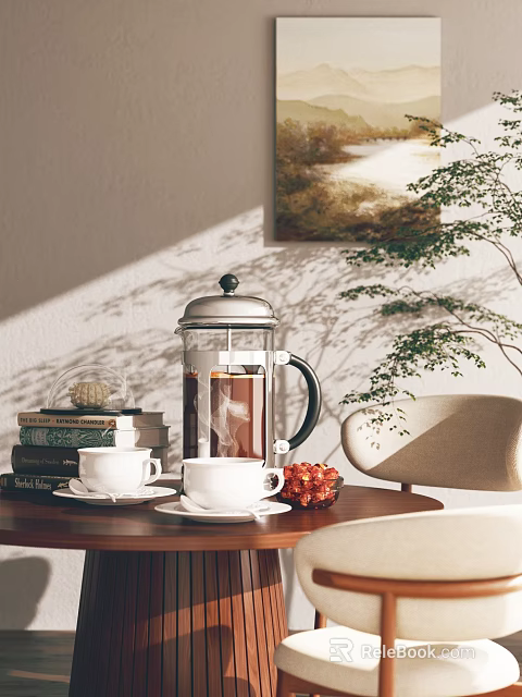 Cozy Restaurant Ambiance With French Press Coffee White Cups Books Green Plant And Decorative Painting 3d model 