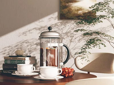 Cozy Restaurant Ambiance With French Press Coffee White Cups Books Green Plant And Decorative Painting 3d model