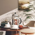 Cozy Restaurant Ambiance With French Press Coffee White Cups Books Green Plant And Decorative Painting