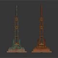 Rusted Industrial Equipment With Blue Green Reddish Brown Wheels Long Poles And Bases
