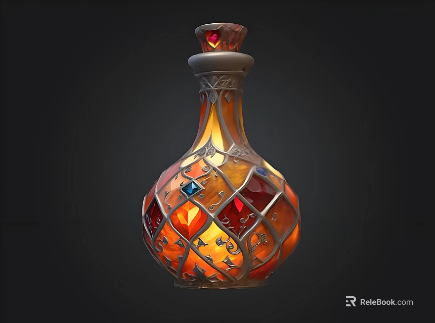 Ornate Wine Bottle and Glass with Shiny Stained Glass Metal Filigree Red Accent Dark Background 3d model 