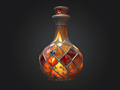 Ornate Wine Bottle and Glass with Shiny Stained Glass Metal Filigree Red Accent Dark Background 3d model