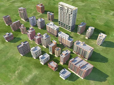 Various Architectural Buildings With Different Styles On Green Grass Field 3d model