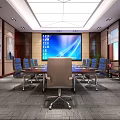 Conference Room Interior With Long Wooden Table Gray Chairs Wall Paintings And Ceiling Lights