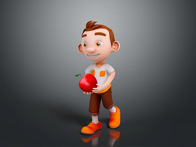 Happy Cartoon Boy Character Walking With Fresh Red Apple In Hand 3d model