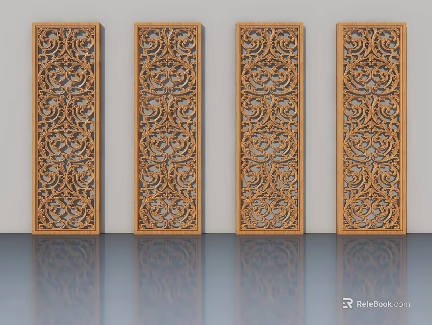 Wooden Swing Doors With Intricate Carved Patterns For Decorative Interior Design 3d model