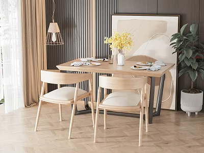 Modern Wooden Dining Table Set With Two Chairs Yellow Flowers And Green Plant 3d model