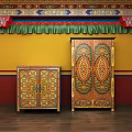 Intricate Patterned Decorative Cabinets With Yellow Wall Colorful Ceiling Red Pillars And Wooden Floor