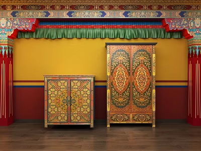 Intricate Patterned Decorative Cabinets With Yellow Wall Colorful Ceiling Red Pillars And Wooden Floor 3d model