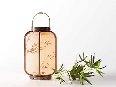 Lantern Style Table Lamp with Bamboo Leaf Pattern and Real Bamboo Branches 3d model