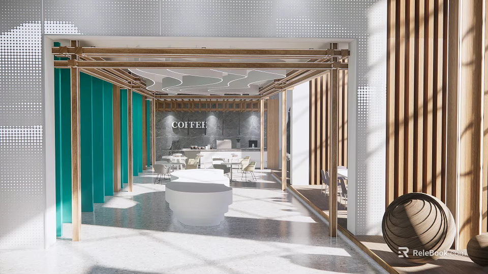 Modern Lounge Area Design With Wooden Partitions Coffee Station And White Circular Tables 3d model 