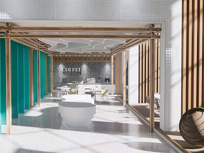 Modern Lounge Area Design With Wooden Partitions Coffee Station And White Circular Tables 3d model