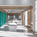 Modern Lounge Area Design With Wooden Partitions Coffee Station And White Circular Tables