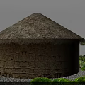 Courtyard Garden With Round Thatched Roof Building Earthen Wall Stones Green Shrubs And Pine Tree