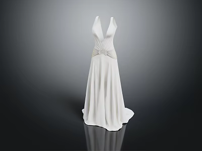 Elegant White Floor Length Evening Gown With V Neckline And Embellished Waist Design 3d model