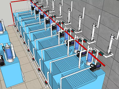 Industrial Equipment Production Line With Blue Units Pipes And White Stands 3d model