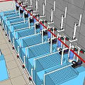 Industrial Equipment Production Line With Blue Units Pipes And White Stands
