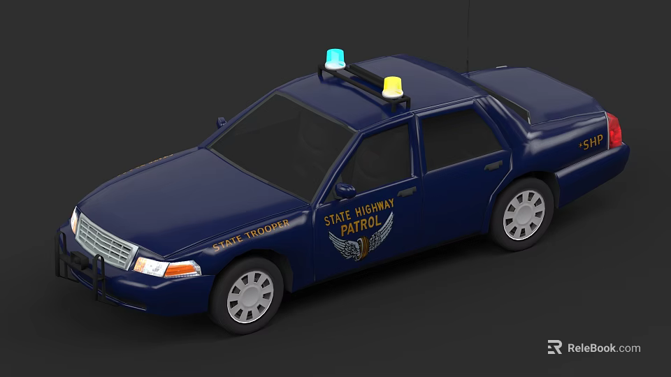 Dark Blue State Highway Patrol Police Car with Roof Lights and Patrol Markings 3d model 