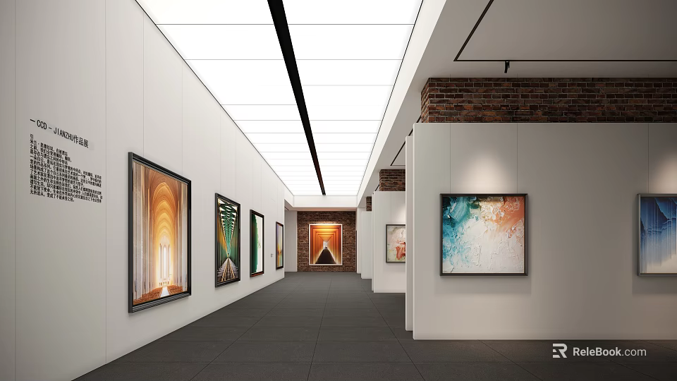 Modern Art Gallery Interior With White Walls Black Floor Brick Wall And Multiple Paintings 3d model