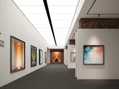 Modern Art Gallery Interior With White Walls Black Floor Brick Wall And Multiple Paintings 3d model