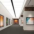 Modern Art Gallery Interior With White Walls Black Floor Brick Wall And Multiple Paintings 3d model