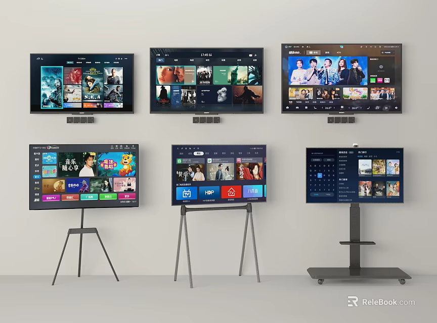 Multiple TVs Displaying Streaming Content On Wall And Stand Mounted Screens 3d model 