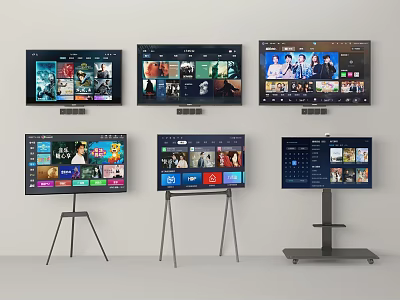 Multiple TVs Displaying Streaming Content On Wall And Stand Mounted Screens 3d model