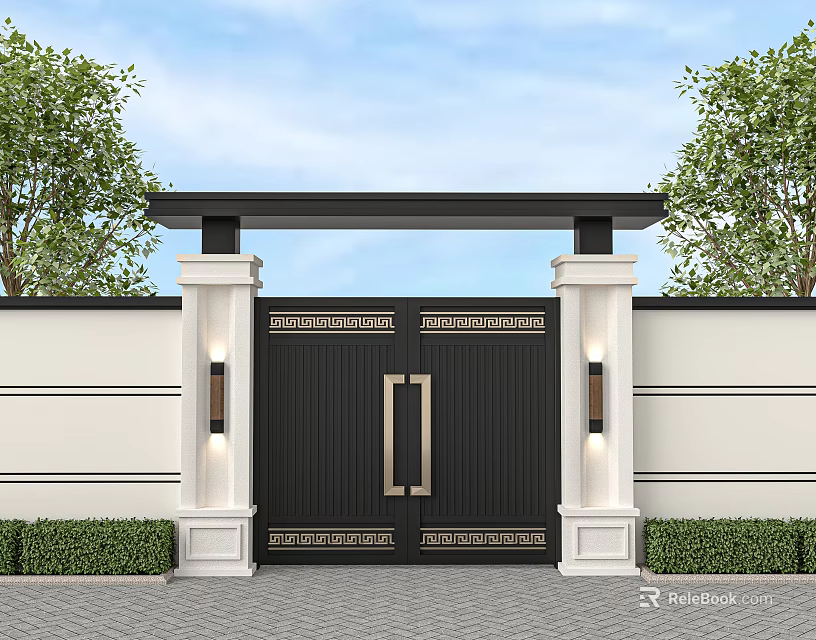 Elegant Black Gate With Golden Handles And Decorative Patterns On White Wall With Green Plants 3d model 