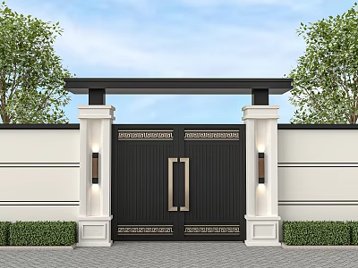 Elegant Black Gate With Golden Handles And Decorative Patterns On White Wall With Green Plants 3d model