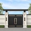 Elegant Black Gate With Golden Handles And Decorative Patterns On White Wall With Green Plants