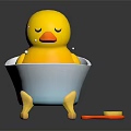Yellow Rubber Duck Doll in White Bathtub with Blue Water Bubbles and Red Brush