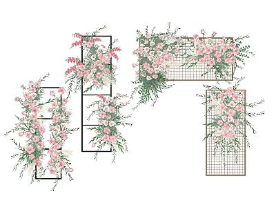 Elegant Green Plant Wall With Pink Flowers And Grid Frame Design Decoration 3d model