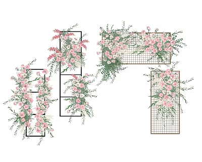Elegant Green Plant Wall With Pink Flowers And Grid Frame Design Decoration 3d model