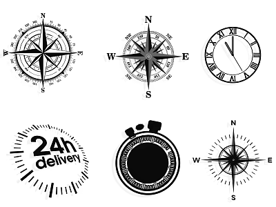 Silhouette Icon Collection Featuring Compass Clock 24h Delivery And Stopwatch 3d model
