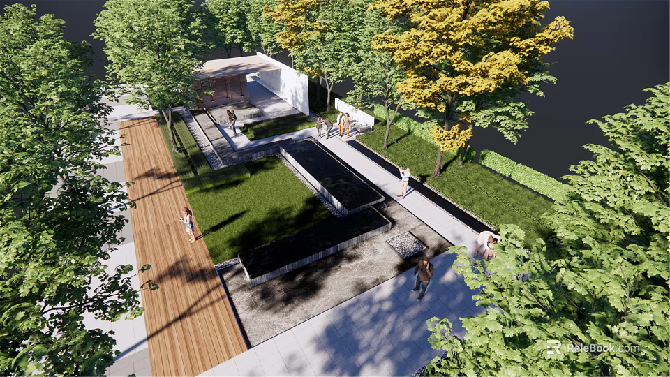Modern Garden Landscape With Green Lawn Wooden Pathway And Water Feature 3d model 