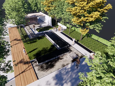 Modern Garden Landscape With Green Lawn Wooden Pathway And Water Feature 3d model