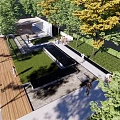 Modern Garden Landscape With Green Lawn Wooden Pathway And Water Feature