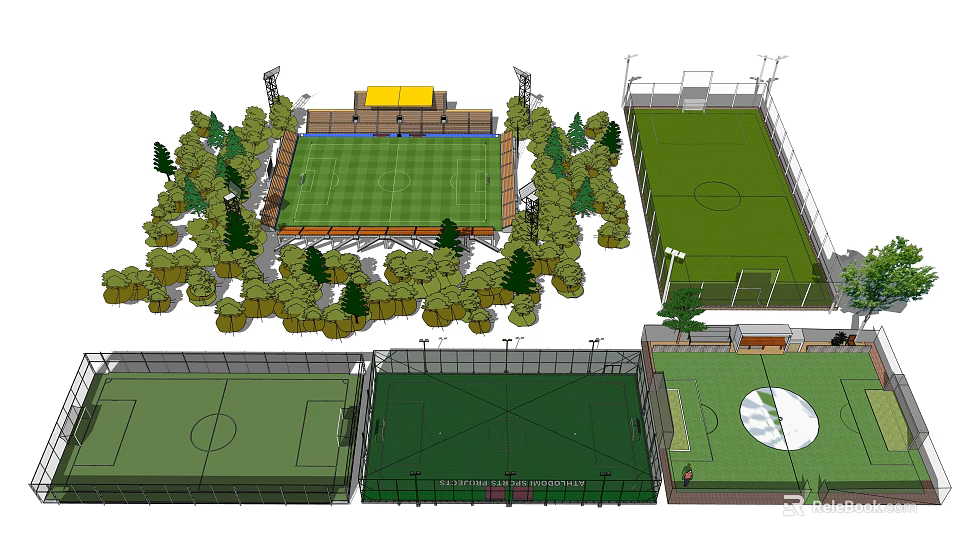 Multiple Football Fields With Surrounding Trees Spectator Stands And Greenery Areas 3d model 