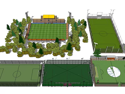 Multiple Football Fields With Surrounding Trees Spectator Stands And Greenery Areas 3d model