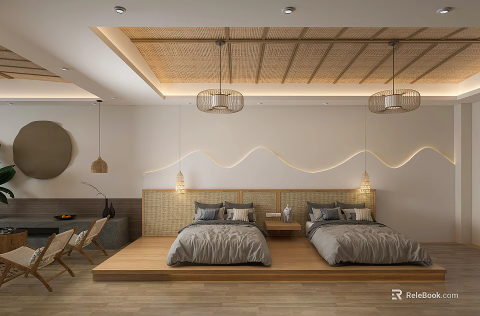 Comfortable Hotel Room With Two Beds Wooden Floor And Ambient Lighting 3d model 