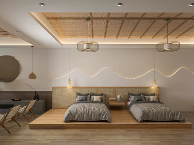 Comfortable Hotel Room With Two Beds Wooden Floor And Ambient Lighting 3d model