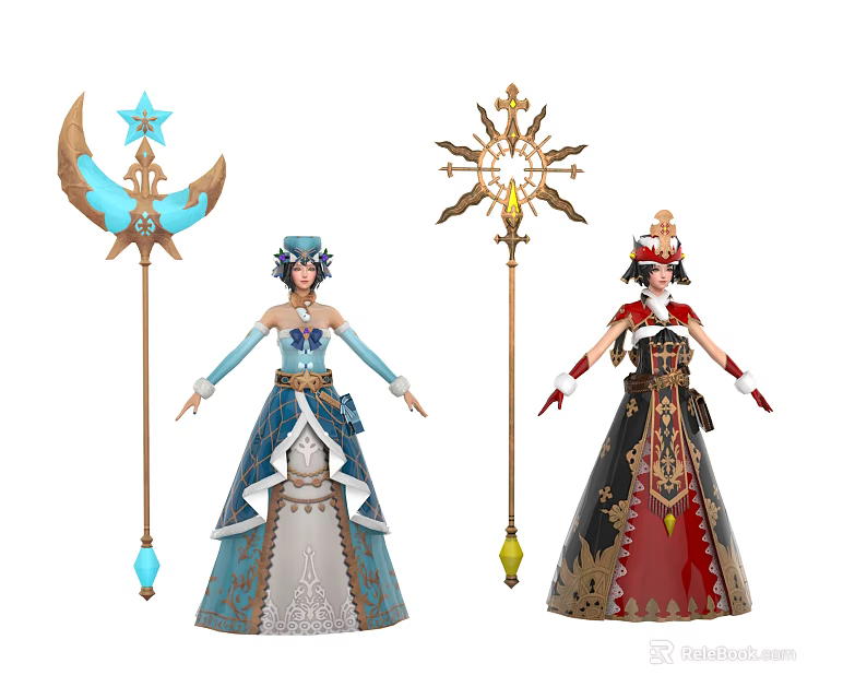 Game Movie Characters In Elegant Outfits With Ornate Magical Staffs 3d model 